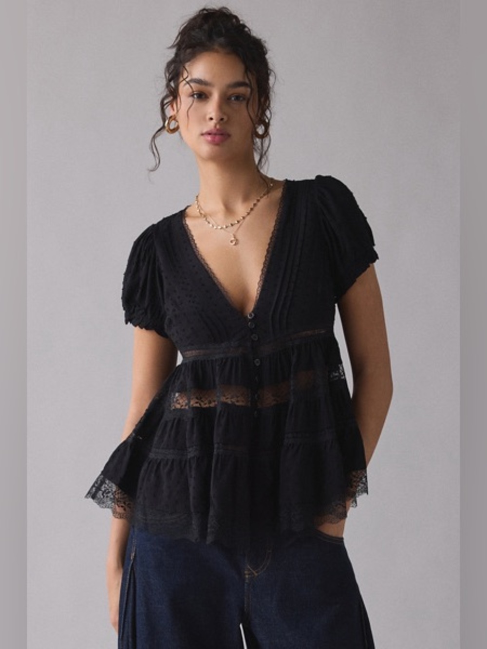 Urban Outfitters Kimchi sheer Black Lace puff V-Neck Peplum babydoll Blouse